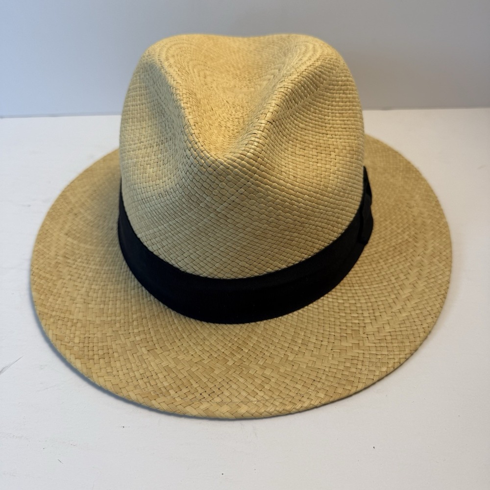 J. Peterman Company Panama Hat XL 7 1/2 Beige Black Wide Brim Men's Summer